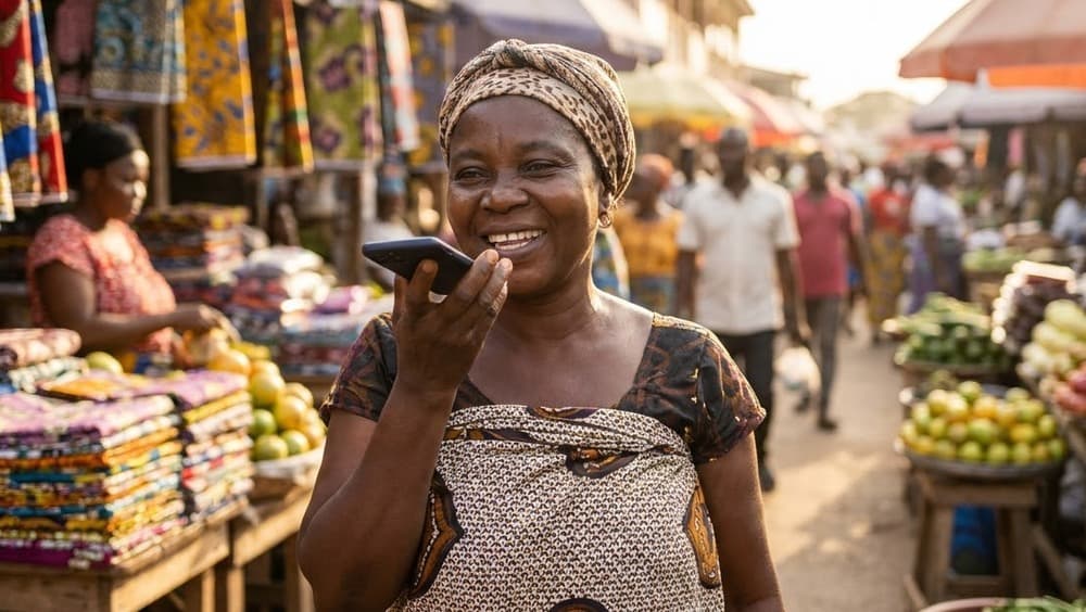 A Wolinja consultant working with a local business owner on a tablet.