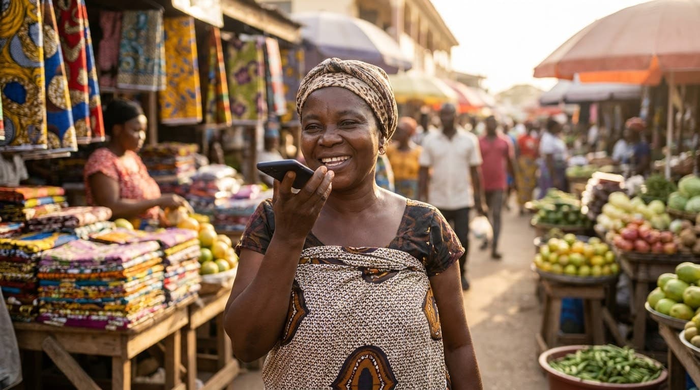 A Ghanaian market trader smiling while recording a voice note on her smartphone amid colourful textiles and produce.